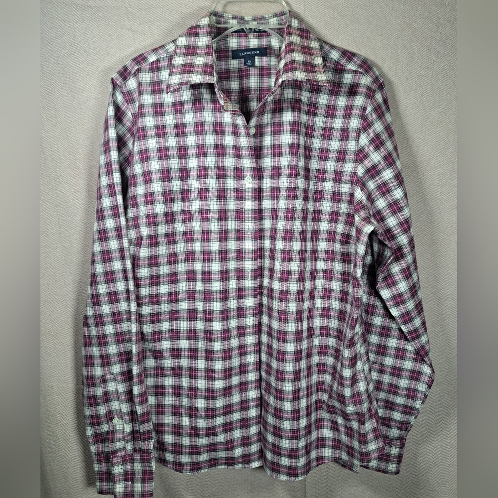 Lands End Women's Purple Plaid Long Sleeve Shirt Size 12 L New
